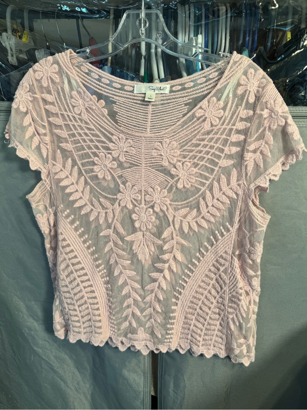 Say What? Light Pink Crochet Floral Short Sleeve Top